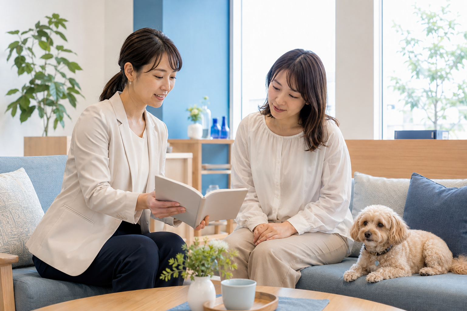 愛犬と一緒に相談する飼い主と企業担当者